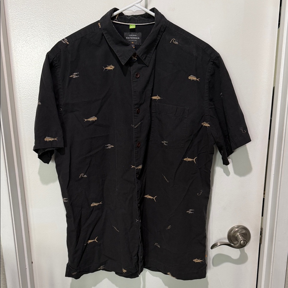 Quiksilver Waterman Collection Black Buttoned Shirt with Fish Pattern